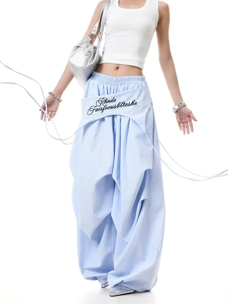 Women Y2K Wide Leg Cargo Pants 2026 Spring Cross-layer Straps Casual Hip Hop Dance Streetwear Trousers Baggy Vintage Fashion
