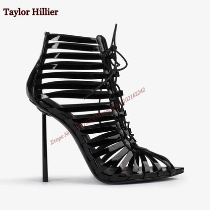 Black Hollow Lace-Up Sandals Pointed Toe Stiletto Back Zipper Breathable High Heel Women'S Boots Fashion Party Modern Boots 43