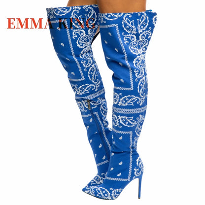 Autumn Winter Women Thigh High Boots Bandana Prints Bad Girl Heels Shoes Pointy Toe Silk Stiletto Botas Altas Mujer Size 35-44