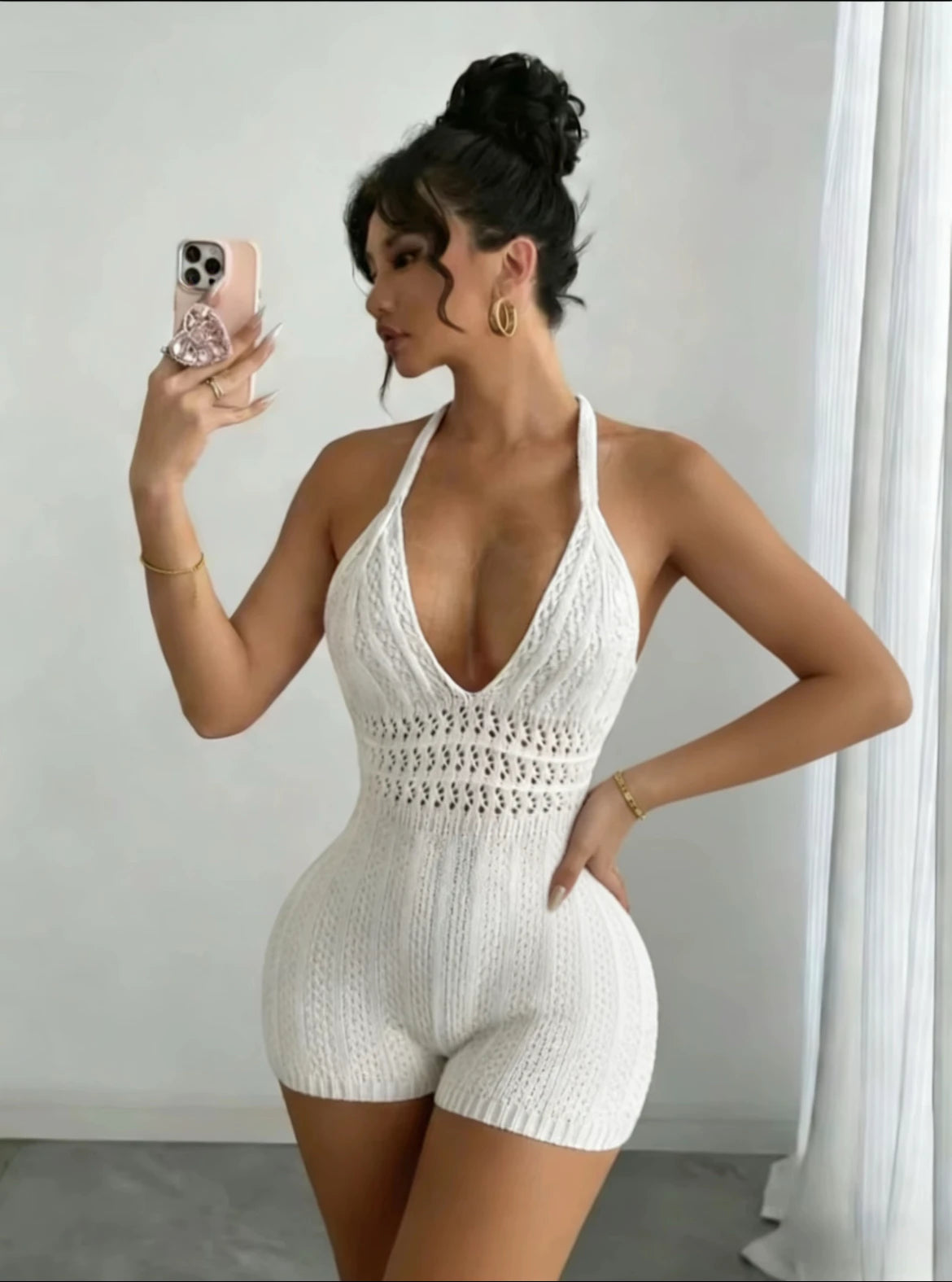 2026 Women's Boho Crochet Halter Romper White Backless Slim Fit Knitted Bodysuit for Beach Vacation Summer Festival