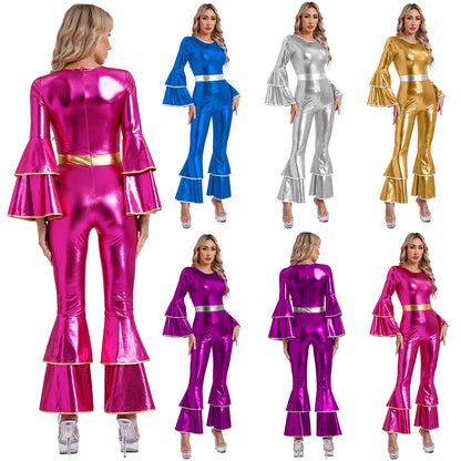 Womens 70S Disco Vintage Jumpsuit Metallic Shiny Flare Sleeve Bodysuit Hippie Bell Bottom Jazz Dance Carnival Rave Party Costume