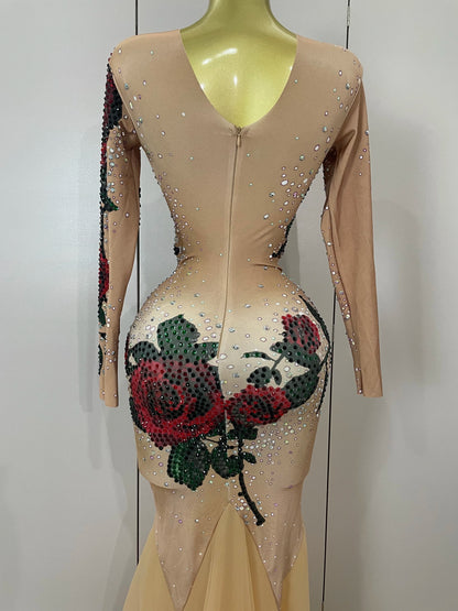 Women Sparkly Diamonds Rose Floral Long Sleeves Floor-Length Dress Eveing Celebrate Birthday Party Nightclub Sexy Stage Costume