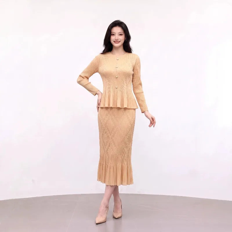 Miyake Pleated Skirt Set Plisse 2026 Autumn New Single-Breasted Flared Long Sleeve Cardigan Top Length Set Slim Fit Versatile