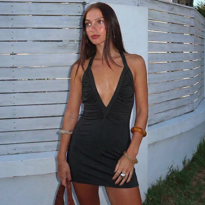 Talenza Women Summer Dress Fashion Sexy V-neck Pleated Backless New Dress Elegant Luxurious Party Vacation Women's Casual Dress