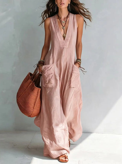 Summer Sleeveless Cotton Linen Jumpsuit Women V Neck Loose Wide Leg Pants Double Pocket Jumpsuit Casual Commuting Bodysuits