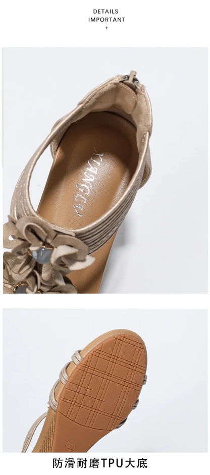 High quality leather flat sandals for women 5cm mid heel flower summer 2026 36 42 open toe casual beach shoe blue pink brown