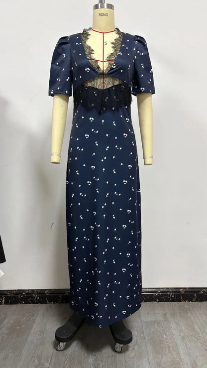 Polka Dot Backless Sexy Maxi Dress Women Gown Elegant Patchwork Lace Hollow out Deep V Neck Sleeveless Bodycon Club Party Dress