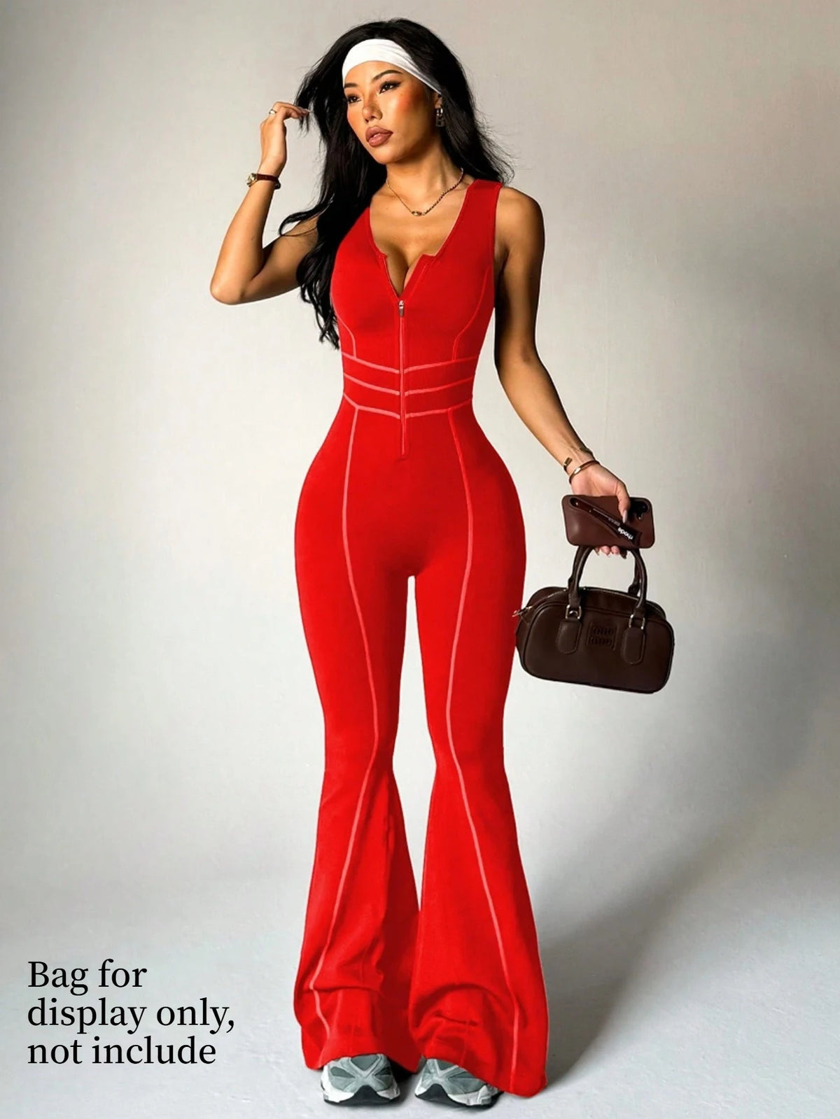 Greenora Women Sexy Zip Up Jumpsuit Contrast Stitch Flare Pants One Piece Outfits Streetwear Bodycon Romper Y2K Clubwear 2026