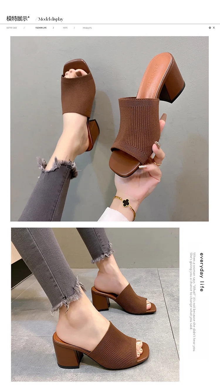 Women's Luxury Casual Soft High Heel Sandals Black Mules Summer Slippers Outdoor Shoes Open Toe