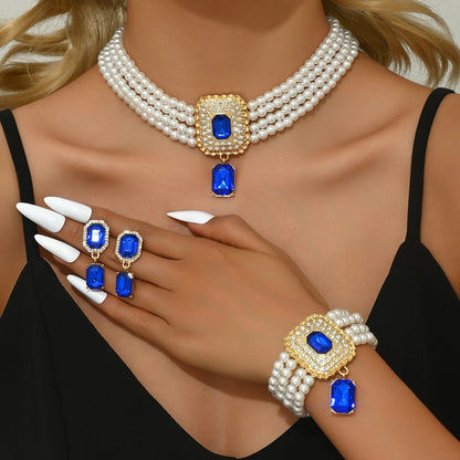 Women's Fashion Light Luxury Short Style Imitation Pearl Rhinestone Necklace Earrings Bracelet Jewelry Set Party Festival Gift