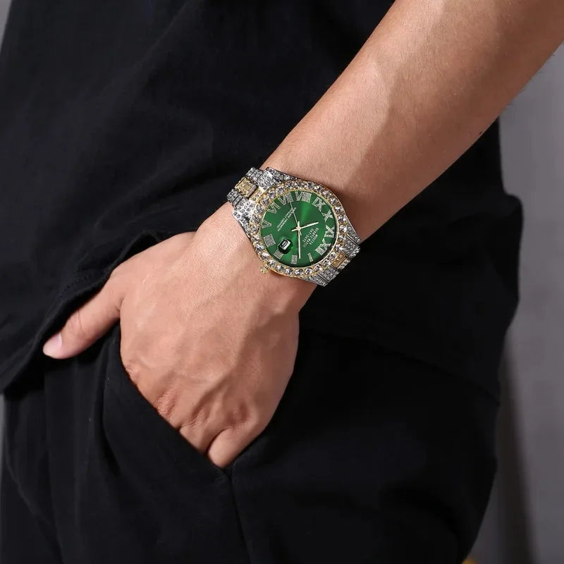 Luxury Gold Sparkling Rhinestone Iced Out Watch Unisex Quartz Calendar Wristwatch Men Women Party Jewelry Clock