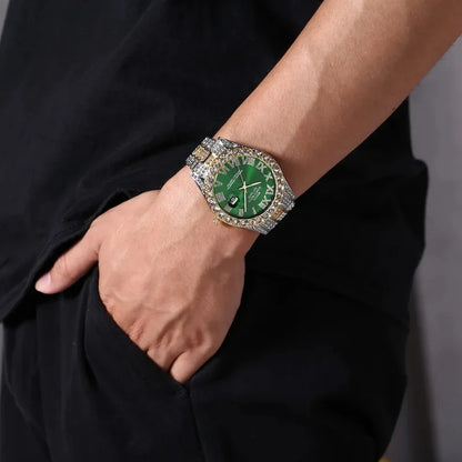 Luxury Gold Sparkling Rhinestone Iced Out Watch Unisex Quartz Calendar Wristwatch Men Women Party Jewelry Clock