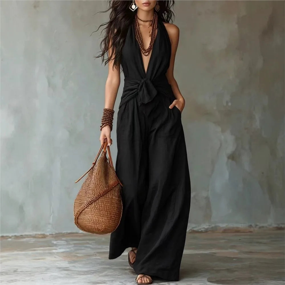 Bohemian Women's Brown Halter Neck Jumpsuit Deep V-Neck Tie Front Knot Wide Leg Pants Sleeveless Casual Summer Beach Jumpsuits