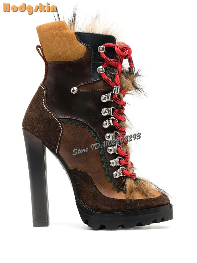 Retro Faux Fur Ankle Boots Pointed Toe Patchwork Cross-tied High Heels Short Boots 2025 Autumn New Women's Fashion Casual Shoes