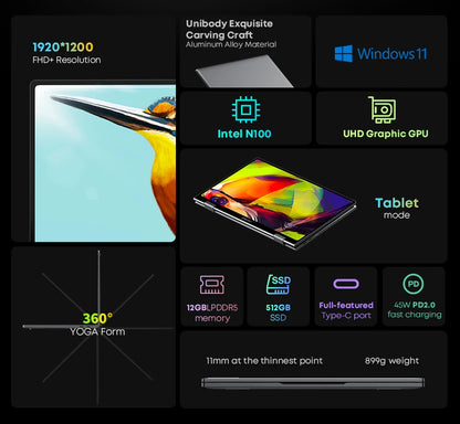 CHUWI MiniBook X Laptop Tablet PC 2 In 1 12GB LPDDR5 512G SSD Intel N100 10.51 Inch FHD IPS Screen 1920*1200 Windows 11 Notebook