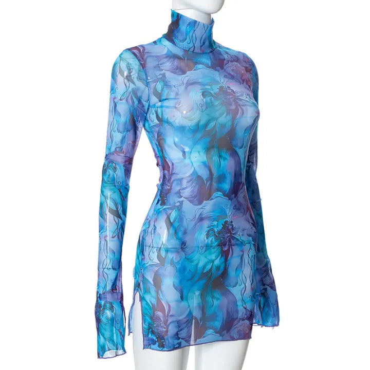 Flare Sleeve Color Printing Bodycon Dress Mini Women Clothing Turtleneck Sexy Streetwear High Waist Fashion One-Pieces Outfits