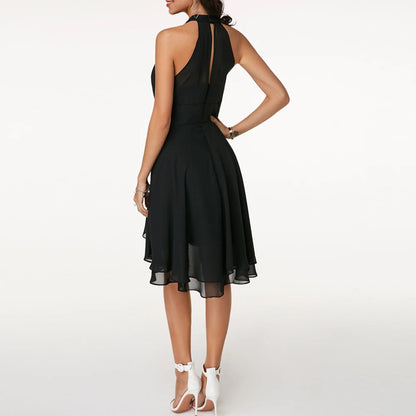 Women Elegant Dress Summer Solid High Waist Halter Sleeveless Midi Dresses Ladies Cropped Layered Chiffon Party Slim Dresses