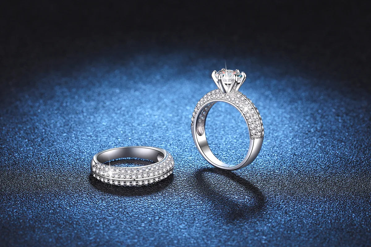 Women's PT950 Platinum Double Band Ring, High-Precision Craftsmanship, 1 Carat Moissanite Ring Set