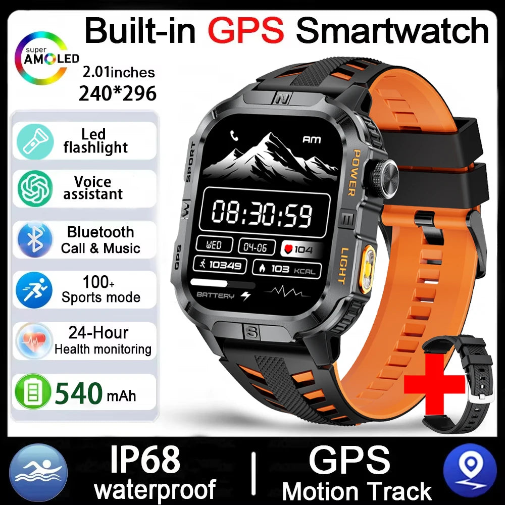 2026 New Outdoor Military Men's Smartwatch Is Equipped With GPS LED Lighting, A Compass, Wireless Communication, IP68 Waterproof