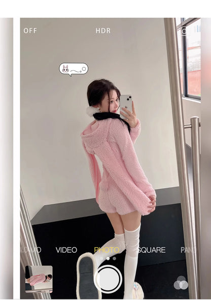 Pink Rabbit Hooded Fluffy Jumpsuits Sweet Zipper Long Sleeve Solid Color Rompers Flannel Onesie Shorts Pajamas Loungewear