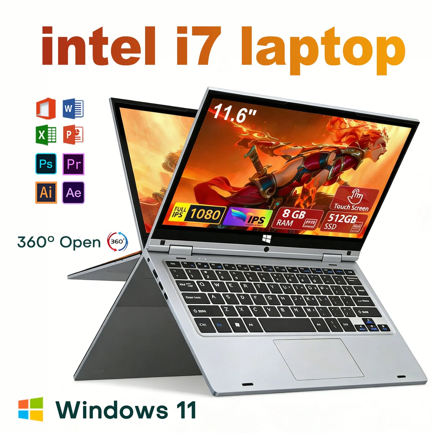 Portable 2 in 1 Touch Screen Notebook Intel i7-8500Y Windows 11 Tablet PC Computer 8GB RAM 1TB SSD 360° Flip 11.6" Study Laptop