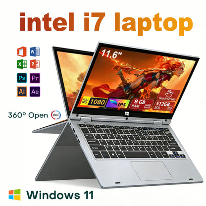 Portable 2 in 1 Touch Screen Notebook Intel i7-8500Y Windows 11 Tablet PC Computer 8GB RAM 1TB SSD 360° Flip 11.6" Study Laptop