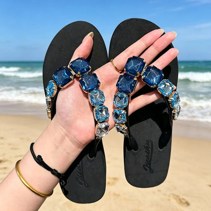 Square Rhinestone Flip-Flops Popular in Ins Summer Blingbling Star Street Shooting Slope Heel Slippers Women Flat Beach Slippers