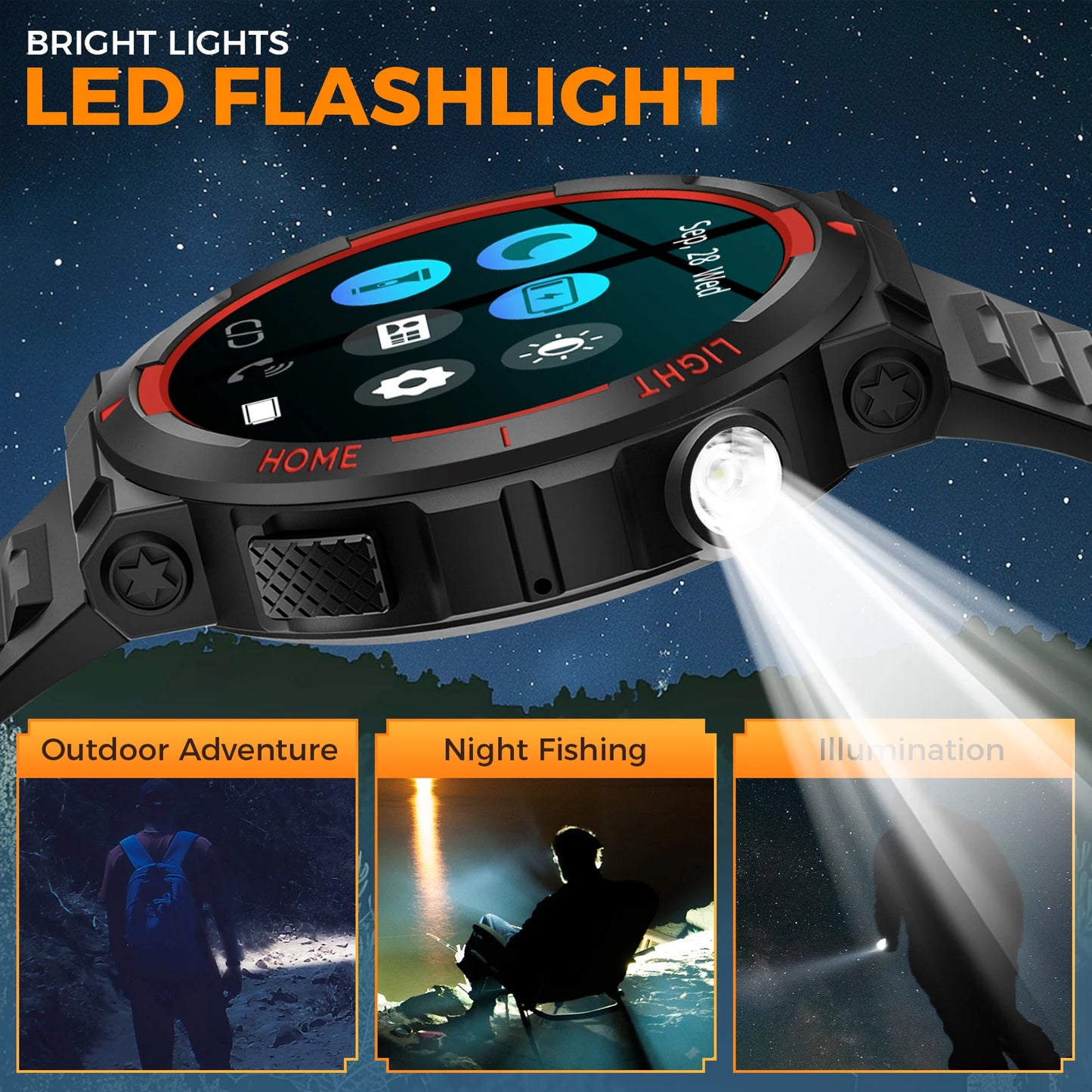 EIGIIS Smart Watches for Men with LED Flashlight 1.53" HD with 100+ Sport Modes Health/Sleep Monitor and 3ATM Waterproof Watche