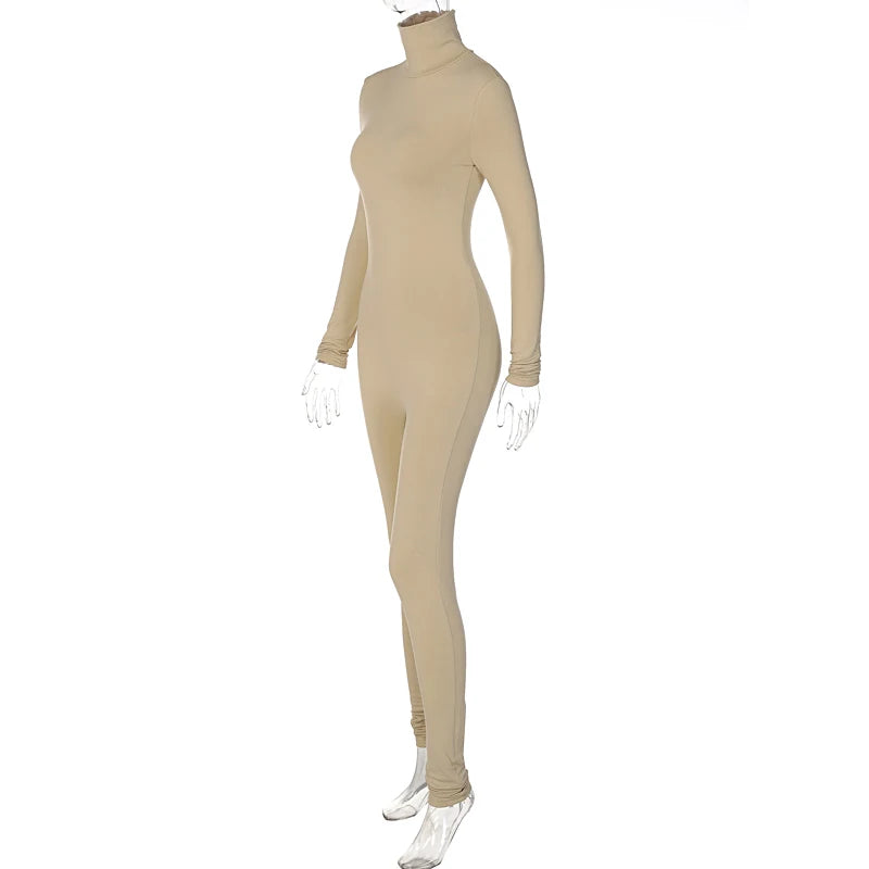 Hugcitar Fall Long Sleeve Solid Turtleneck Sexy Skinny Bodycon Jumpsuit Women Fashion Streetwear Sport Casual Romper Overalls