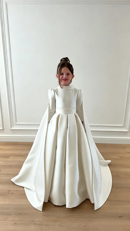 Luxurious White Sequin Beauty Pageant Dress With High Neck Long Sleeves A-line Tail Flower Girl Dress Toddler Princess Wedding