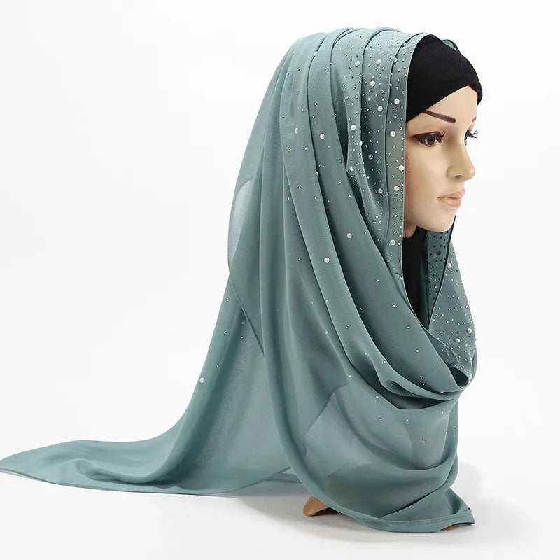 180*70CM New Plain Diamond Beads Bubble Chiffon Instant Hijab Shawls Solid Thick Head Wraps Foulard Sjaal Muslim Bonnet Cachecol