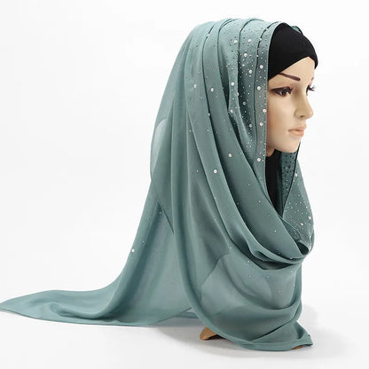 180*70CM New Plain Diamond Beads Bubble Chiffon Instant Hijab Shawls Solid Thick Head Wraps Foulard Sjaal Muslim Bonnet Cachecol