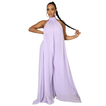 2026 New Women's Solid Chiffion Loose Halter Jumpsuits Sexy Backless Wide Leg Pants Rompers Fashion Party Elegant Women Clothing