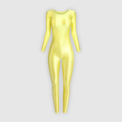 MJINM Women Shiny Oil One Piece Long Sleeve Zentai Suits Yoga Sports Jumpsuits Glossy Tights Cosplay Fitness Bodysuits Overalls
