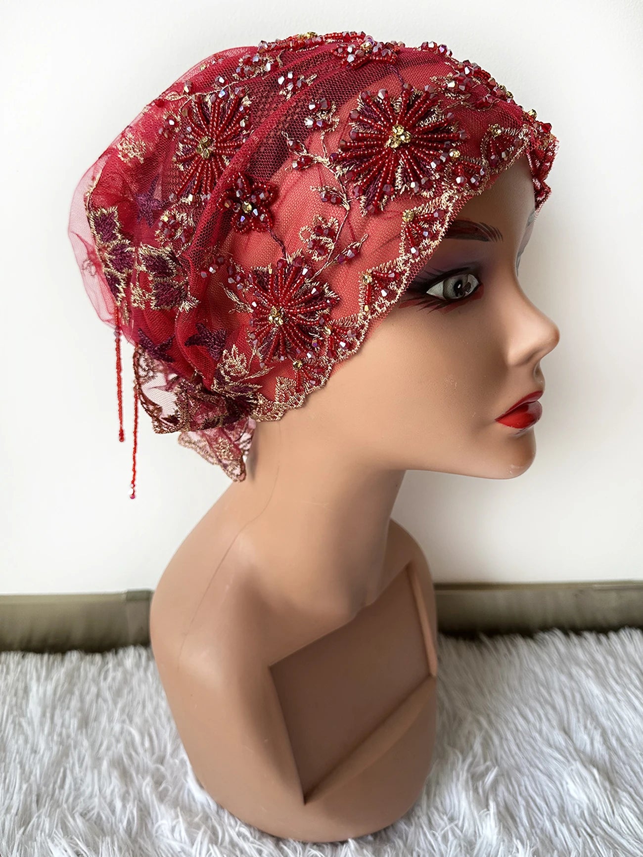 High Quality Lace handcrafted Beaded Turban Hat Female Head Wraps Caps Muslim Women Headscarf Bonnet Ready to Wear Inner Hijabs
