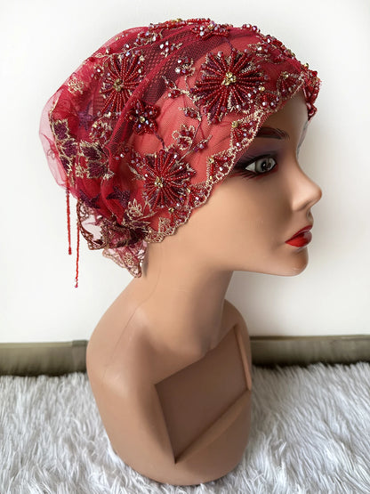 High Quality Lace handcrafted Beaded Turban Hat Female Head Wraps Caps Muslim Women Headscarf Bonnet Ready to Wear Inner Hijabs