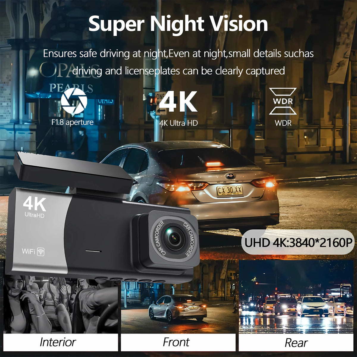 3 Channel 4K 2160P Dash Cam Car Front Inside And Rear WiFi Car Camera With APP Control Night Vision 24H Parking Mode Dashcam