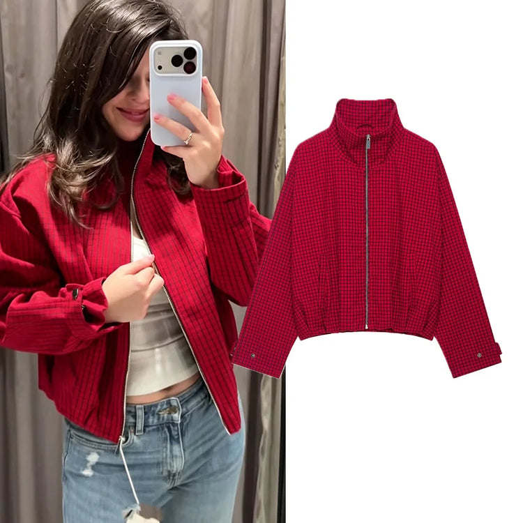 Autumn Fashion Plaid Bomber Jacket Women's Jacket Crop Oversized Long Sleeve Top Casual Zipper Outerwears Outdoor Coats