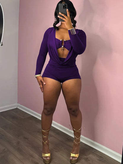 Sisterlinda Swinging Neck Playsuits Women Solid Metal Splice Cleavage Full Sleeve Stretch Sexy Slim Romers Chic Trend Clubwear