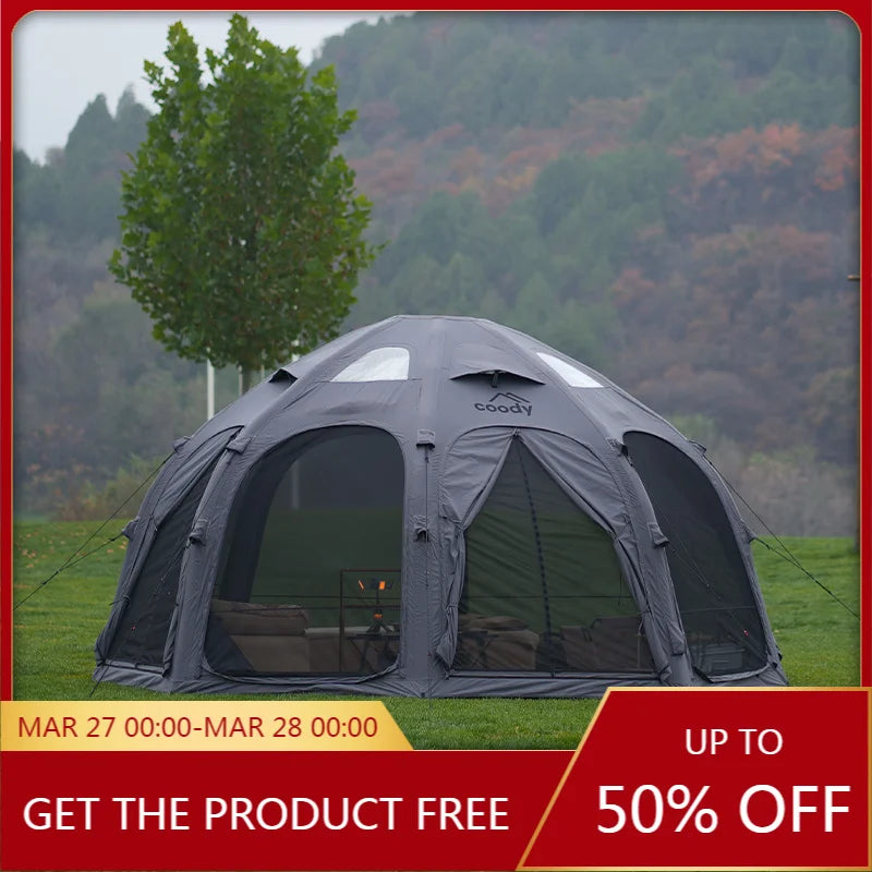 Gray Coody Dome Inflatable Tent, Classic Cotton Geodesic Tent All Weather Large Family Outdoor Glamping Shelter