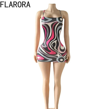 FLARORA Sexy Stripe Print Halter Mini Dress Woman Sleeveless Backless Bodycon Dresses Female Party Clubwear Vestidos Summer New