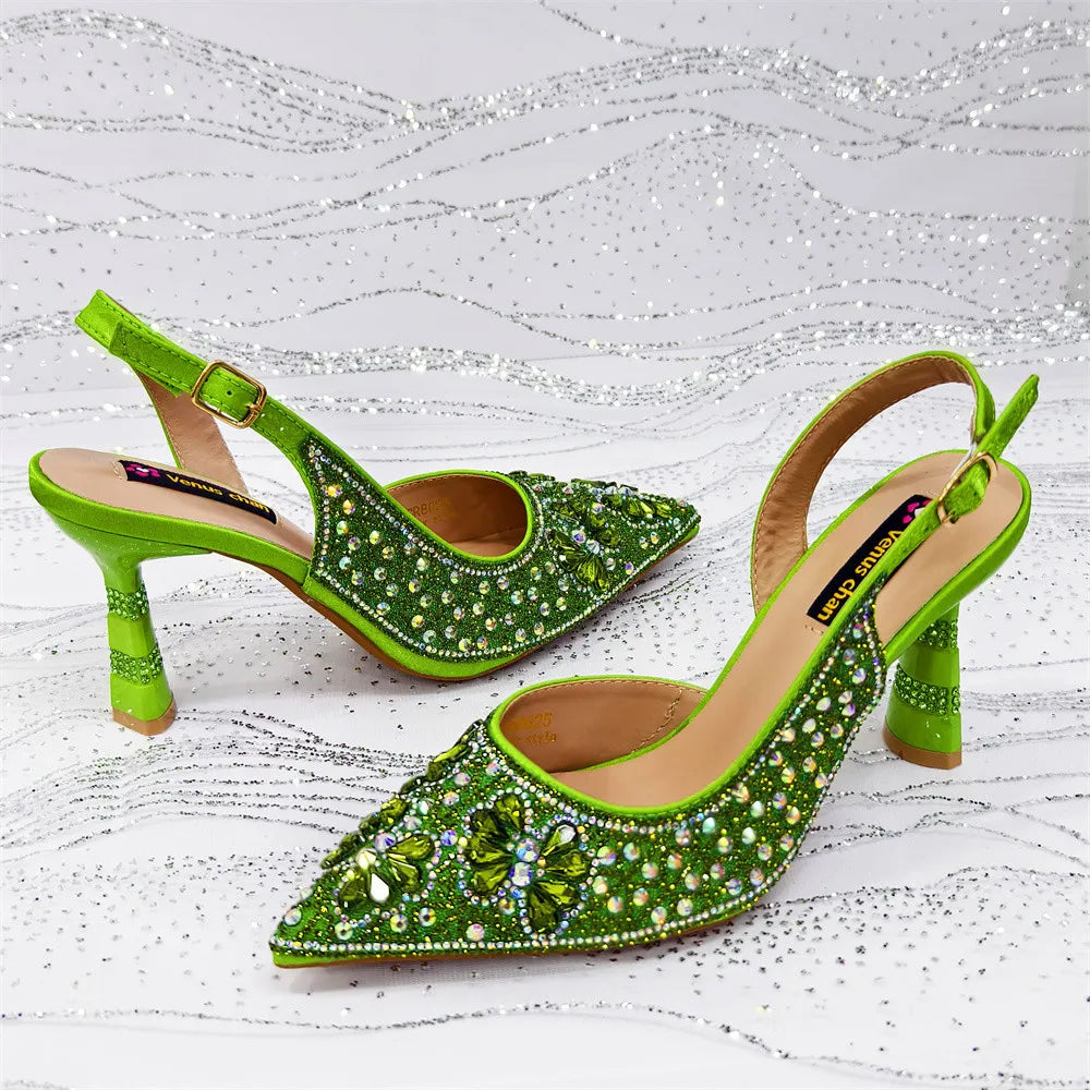 Luxury Handmade Flowers Shoes and Clutch for Women- Nigerian Style Elegant Crystal Heels with Matching Evening Bags