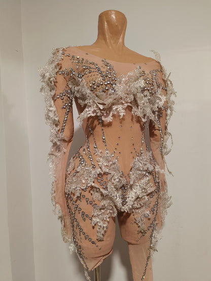 Sexy Sparkly Diamond Sequins Long Sleeves Mesh Sheer Stretch Jumpsuit Women Evening Birthday Party Bar Nightclub Stage Show Wear