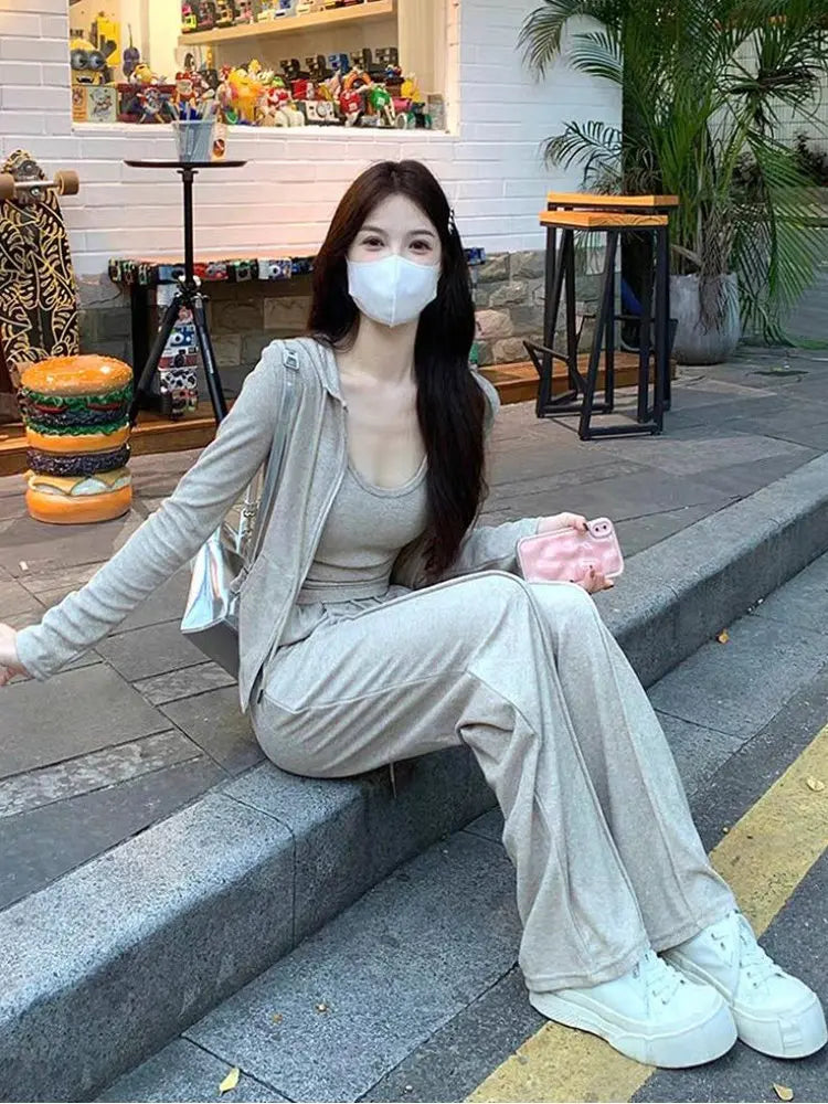 Casual Sportswear Women's Spring Autumn Three-Piece Set Slimming Fashionable Jacket Vest Wide Leg Pants for Short Women