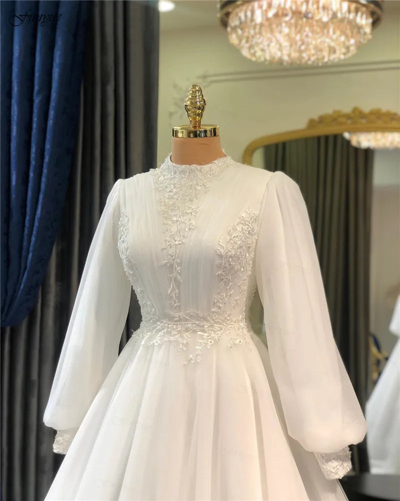 Funyue Ivory Long Sleeve Bride Dress A-Line Tulle Lace Muslim Wedding Dresses Appliques Princess Bridal Gowns Vestidos De Novia