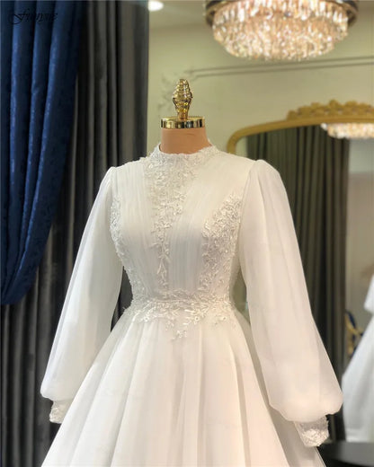 Funyue Ivory Long Sleeve Bride Dress A-Line Tulle Lace Muslim Wedding Dresses Appliques Princess Bridal Gowns Vestidos De Novia