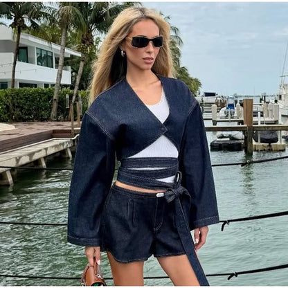 Street Lapel Cropped Coat Shorts Set Women's Solid Single Button Full Sleeve Jackets Ruffles Short Pants 2026 New Lady Outfits