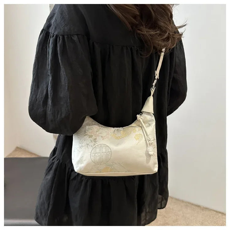Fashion Luxury Women Embroidery Shoulder Bag Nylon Pearl Pendant Bucket Bag Versatile Handbag Retro Women Crossbody Bags сумка