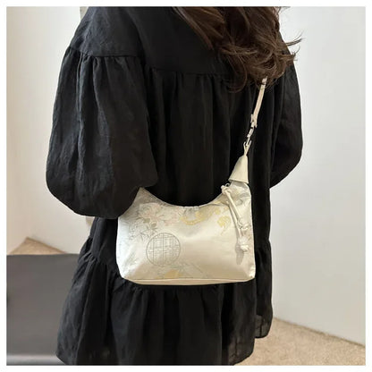 Fashion Luxury Women Embroidery Shoulder Bag Nylon Pearl Pendant Bucket Bag Versatile Handbag Retro Women Crossbody Bags сумка