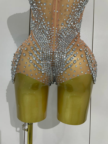Sexy Stage Sparkly Rhinestone Mesh See Through Crystal Bodysuits Women Luxury Birthday Dancer Nightclub Bar Performance Outfit